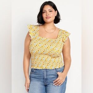 Old Navy Yellow Floral Smocked Flutter Sleeve Top Large